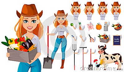 Young pretty farmer woman in cowboy hat Vector Illustration