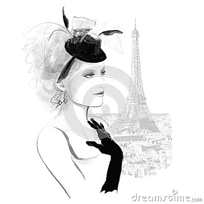 Young pretty fashion model in Paris Vector Illustration