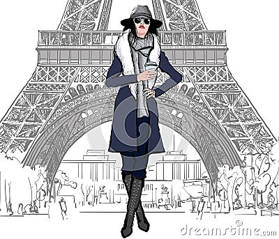 Young pretty fashion model in Paris Vector Illustration