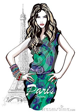 Young pretty fashion model in Paris Vector Illustration