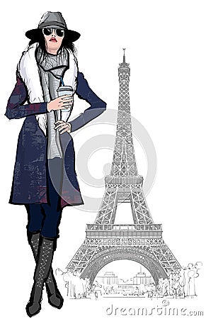 Young pretty fashion model in Paris Vector Illustration