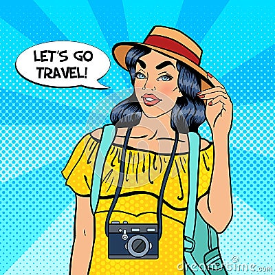 Young Pretty Female Tourist with Camera Vector Illustration