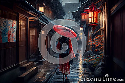 Asian woman wearing traditional japanese kimono walk in Kyoto, Japan. Woman walking to sight seeing in Japan. Cartoon Illustration