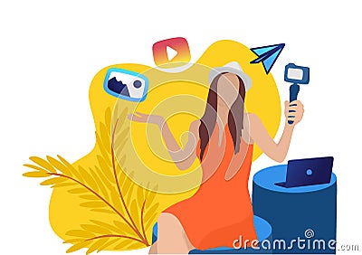 A young pretty girl in a hat blogger takes a video on the camera with a hand-held tripod. Content, shooting, review, travel Vector Illustration