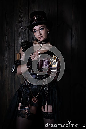 Young pretty girl in the style of a steampunk Stock Photo