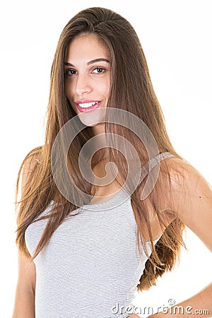 pretty long hairs woman isolated on white Stock Photo