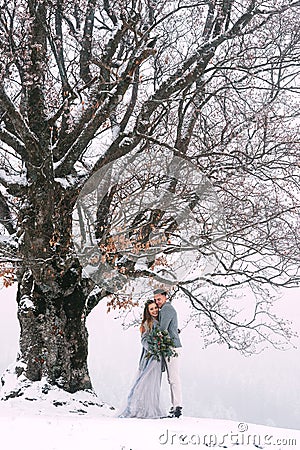 Young pretty pair of lovers. Winter. Date. A pair of lovers on a date in the mountains. Stock Photo