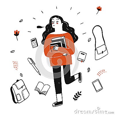 Young pretty student holding books walking down the street Vector Illustration