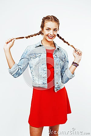 Young pretty stylish hipster blond girl with pigtails posing emotional isolated on white background happy smiling cool Stock Photo