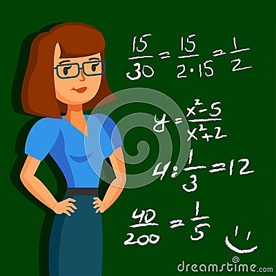 Young, pretty teacher on the background blackboard with examples. Vector Illustration