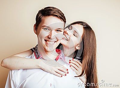Young pretty teenage couple, hipster guy with his girlfriend hap Stock Photo
