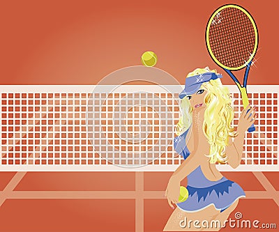 Young pretty tennis player on the tennis court Vector Illustration