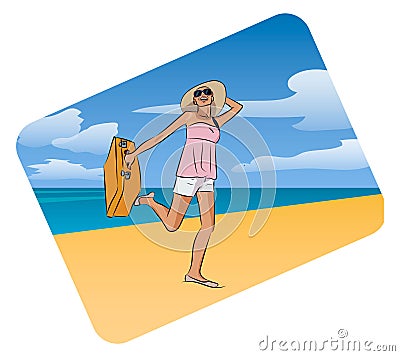 Young pretty traveller with a suitcase on the beach background Vector Illustration