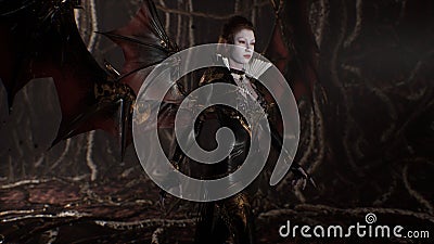 A young, pretty vampire examines her creepy dungeon, populated by nightmarish creatures. The concept of creepy ancient Stock Photo