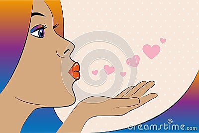 Young pretty woman with colorful hair sending kisses pop art comic style Vector Illustration