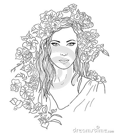 Young pretty woman. Drawn elegance girl in flowers. Romantic lady Vector Illustration