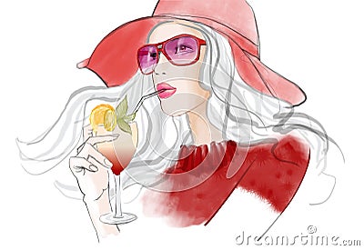 Young pretty woman with hat having a cocktail Vector Illustration
