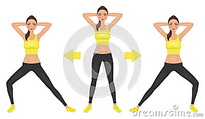 Young pretty woman make lunge exercise with hands behind head. Fit girl in leggings and crop top. Vector illustration. Vector Illustration