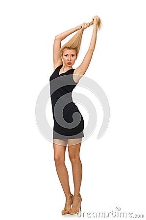 Young pretty woman in mini black dress isolated on Stock Photo