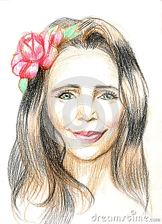 Young pretty woman portrait. Drawn elegant girl red flowers. Romantic lady sketch. Green-eyed girl with a flower in her Stock Photo