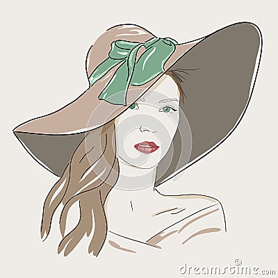 Young pretty woman portrait in hat. Romantic lady green eyes Vector Illustration