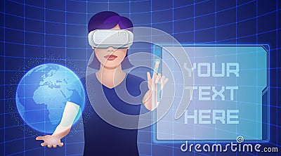 Young pretty woman in virtual reality headset controls imaginary Vector Illustration