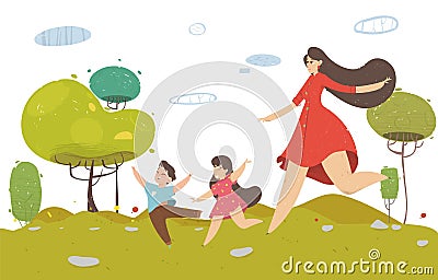 Young Pretty Woman Walking with Little Children Vector Illustration