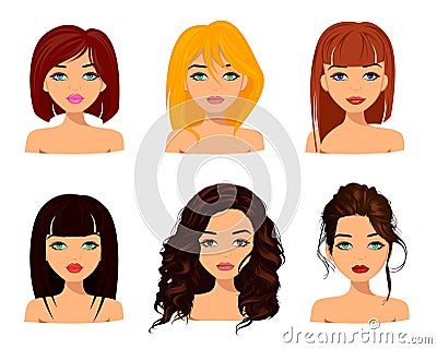 Young pretty women with cute faces, fashionable hairstyles and beautiful eyes Vector Illustration