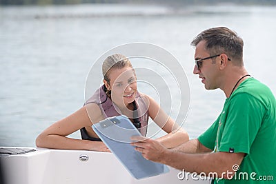 Young pretty woman happy with waterski result Stock Photo