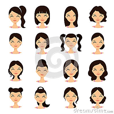 Young pretty women pretty faces with different hairstyles Vector Illustration