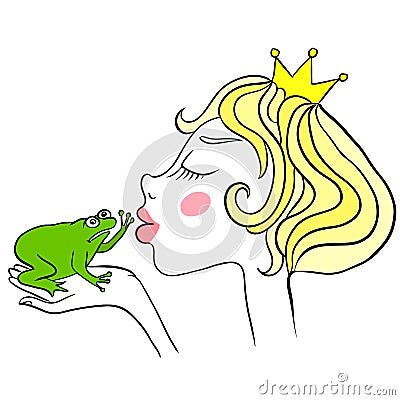 Young princess kisses unhappy green frog. Frog does not want to kiss the girl. Vector Illustration