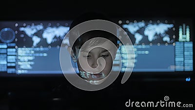 Young Prodigy Boy Hacker Programmer Working At The Computer In The Data Center Filled With Display Screens Portrait Of Stock Footage Video Of Secret Computer 111066000