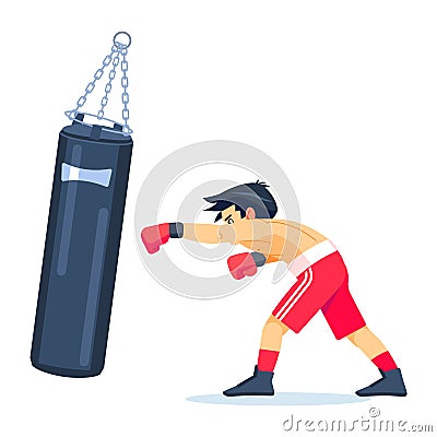 Young professional boxer with big bags of sand Boxing, exercising. Fitness, sport, exercise, will power and the concept Vector Illustration