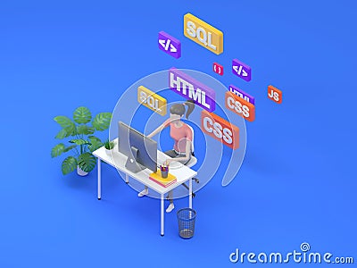 Young professional female programmer is working at a computer. Isometric 3d render, illustration for web page design. Stock Photo