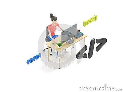 Young professional female programmer is working at a computer. Isometric 3d render, illustration for web page design. Stock Photo