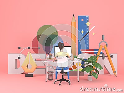 Young professional female web designer is working at a computer. Illustration for web page design. web developer concept Stock Photo