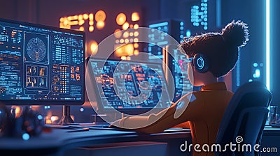 A young programmer develops artificial intelligence in a futuristic workspace filled with glowing screens and high-tech equipment Stock Photo