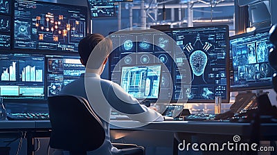 A young programmer develops innovative AI solutions on multiple screens in a futuristic tech lab during the evening hours Stock Photo