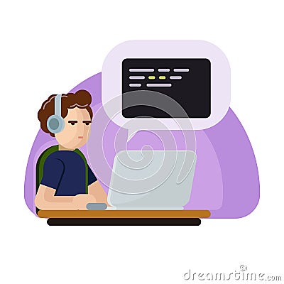Young programmer man character coding. Vector flat cartoon illustration Vector Illustration