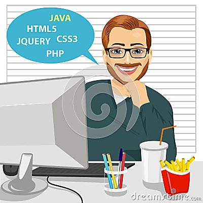 Young programmer man working with computer creating website Vector Illustration