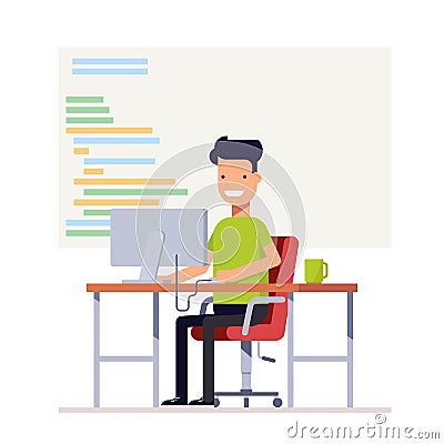 Young programmer writes code for a computer. Smiling man sitting at desk. Workplace specialist. Vector, illustration Vector Illustration