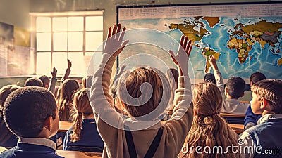 Young pupils in elementary school classroom eagerly raise hands. Generative AI Stock Photo