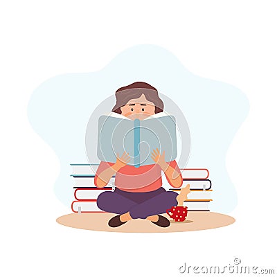 Young reading woman character with books and cup of coffee.Education illustration Vector Illustration