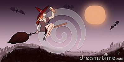 Red witch flies on a broomstick. Against the backdrop of a full moon and bats. In the hands of the potion. Illustration Stock Photo