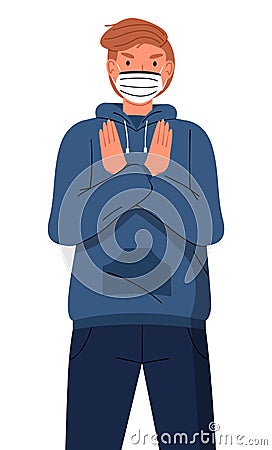 Young red-haired guy in medical mask show stop gesture to viral pandemia at white background Vector Illustration
