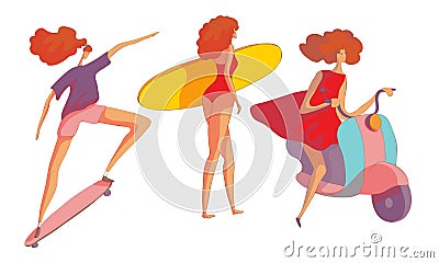 Young Red-haired Woman Holding Surfboard, Skateboarding and Driving Scooter Vector Set Vector Illustration