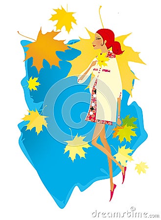 Young red-haired woman is walking on a background of blue sky and falling autumn maple leaves. Autumn.Pregnancy Stock Photo