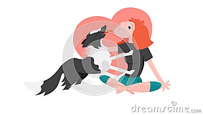 Young red head woman stroke a dog. Black and white border collie licking its owners face Vector Illustration