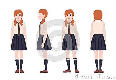 Young redhead girl dressed in school uniform. Female student or pupil wearing formal clothes. Flat cartoon character Vector Illustration