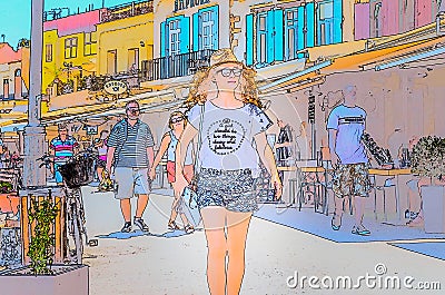 Young Redhead Woman Walking with Confidence Illustration. Leisure Time at the Old Port Streets. Tourists having a Good Time Editorial Stock Photo